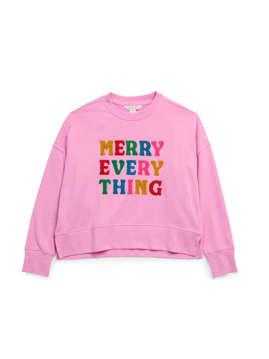 Merry Everything relaxed pink sweatshirt with multicolor embroidered lettering