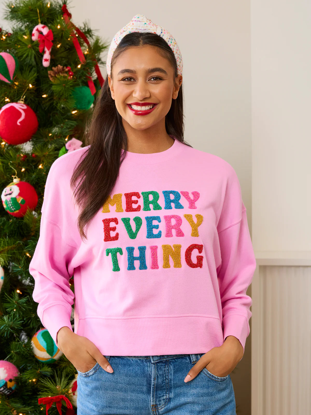 Merry Everything relaxed pink sweatshirt with multicolor embroidered lettering