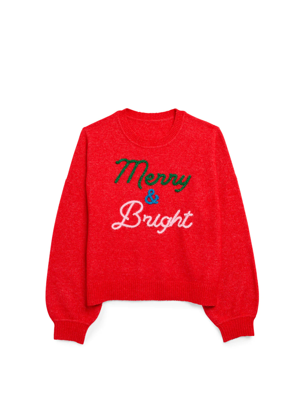 Merry and Bright red holiday sweater with colorful yarn embroidered lettering