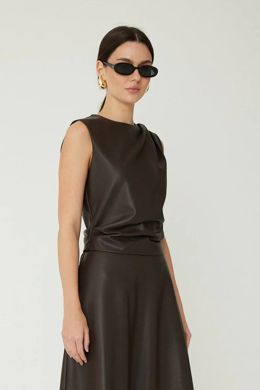 Chocolate brown faux leather Mina Top with smooth texture