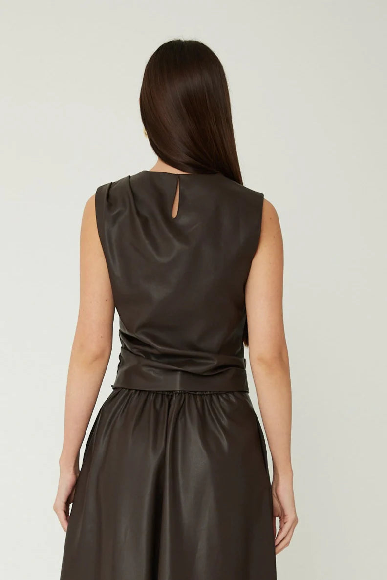 Chocolate brown faux leather Mina Top with smooth texture