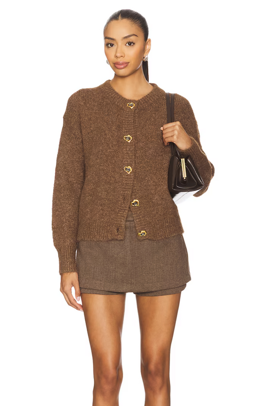Morgan Cardigan in rich mocha knit with gold and crystal-embellished buttons. A chic midweight layer perfect for dressy or casual outfits.