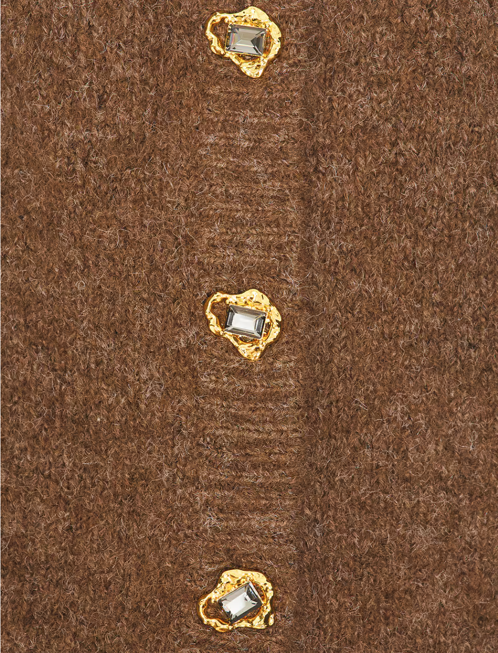 Morgan Cardigan in rich mocha knit with gold and crystal-embellished buttons. A chic midweight layer perfect for dressy or casual outfits.