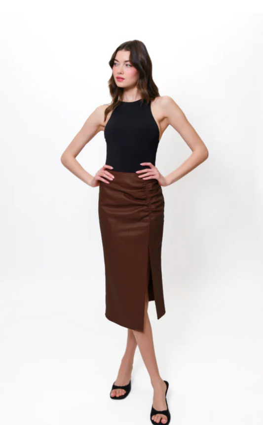 Nelly faux leather brown midi skirt with ruched detailing and side slit