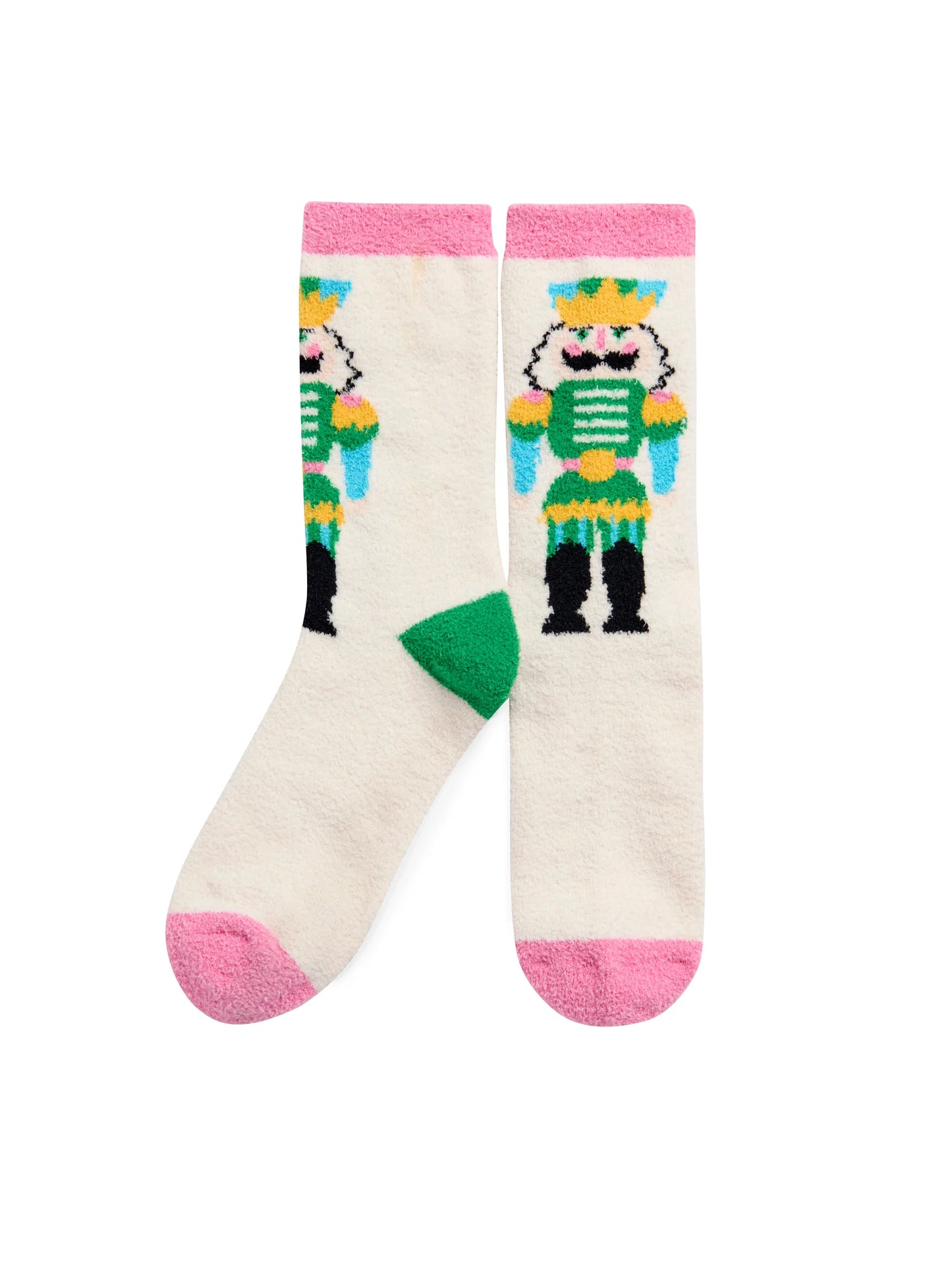 Nutcracker Socks with colorful nutcracker design and pink cuff and toe