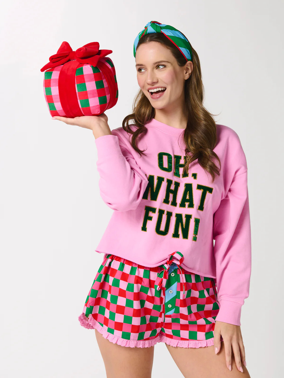 Oh What Fun cropped pink lounge sweatshirt with green varsity lettering and gold embroidery