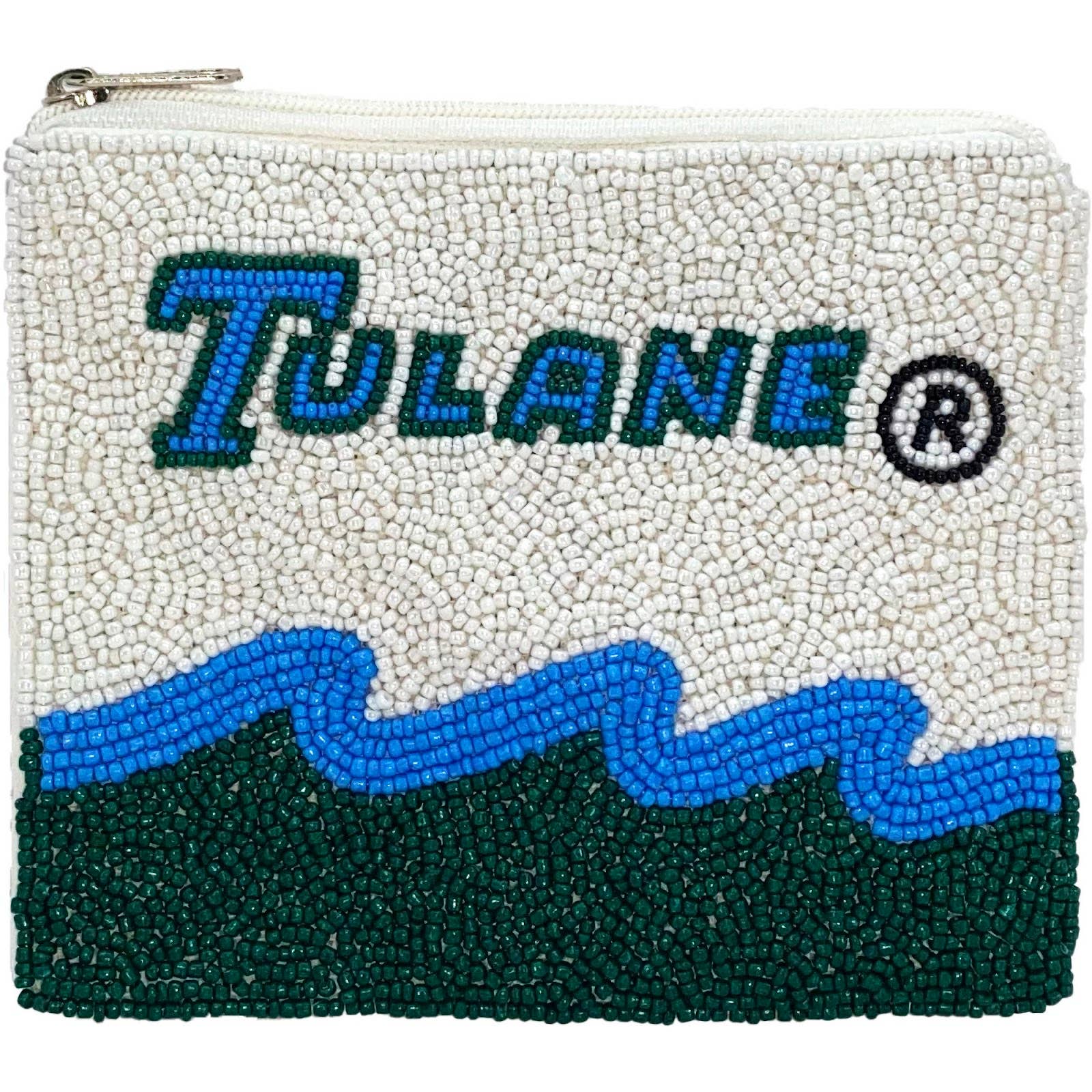 Roll Wave beaded mini pouch with Tulane colors and lettering