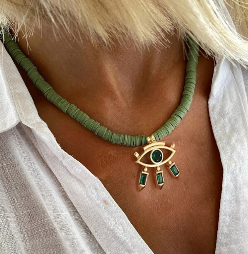 Green Bead Evil Eye Necklace
