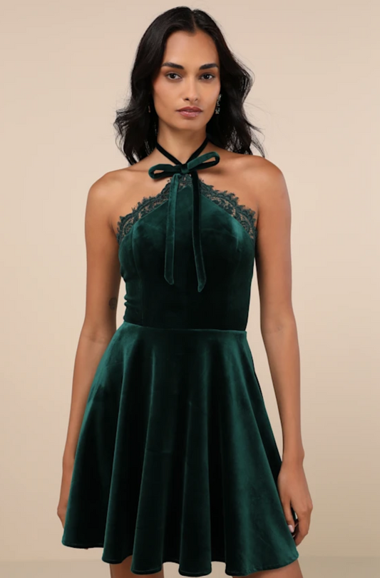 Emerald Velvet Lace Halter Skater Mini Dress