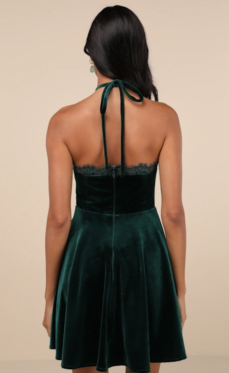 Emerald Velvet Lace Halter Skater Mini Dress