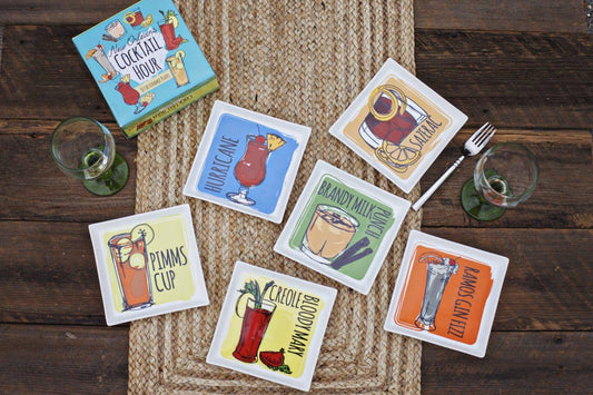 Set of six New Orleans cocktail appetizer plates with iconic drink illustrations