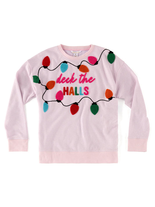 Shiraleah Deck the Halls pink sweatshirt with silver lurex shimmer and multicolored embroidered lettering