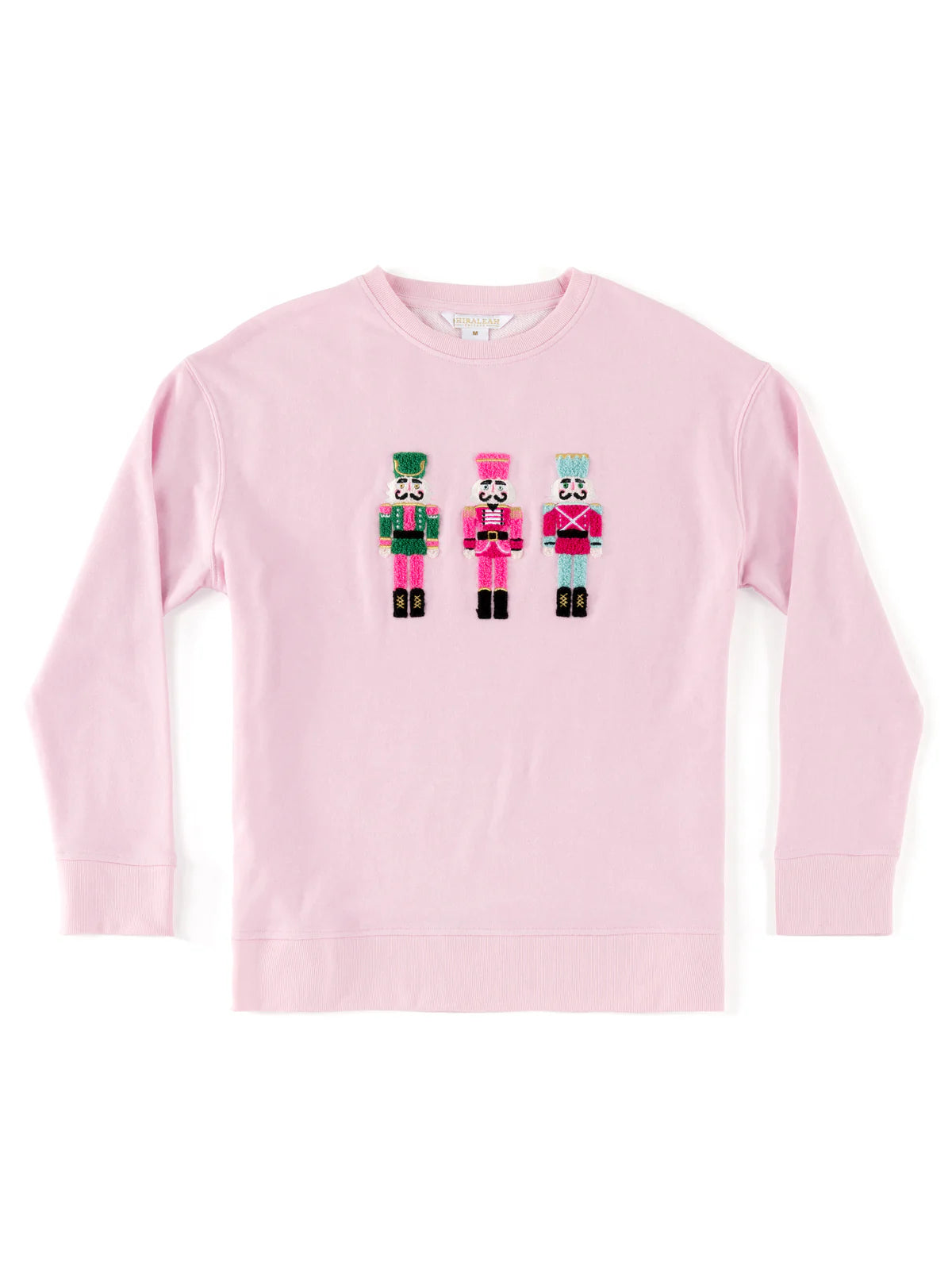 Shiraleah Nutcracker pink sweatshirt with embroidered nutcracker icons
