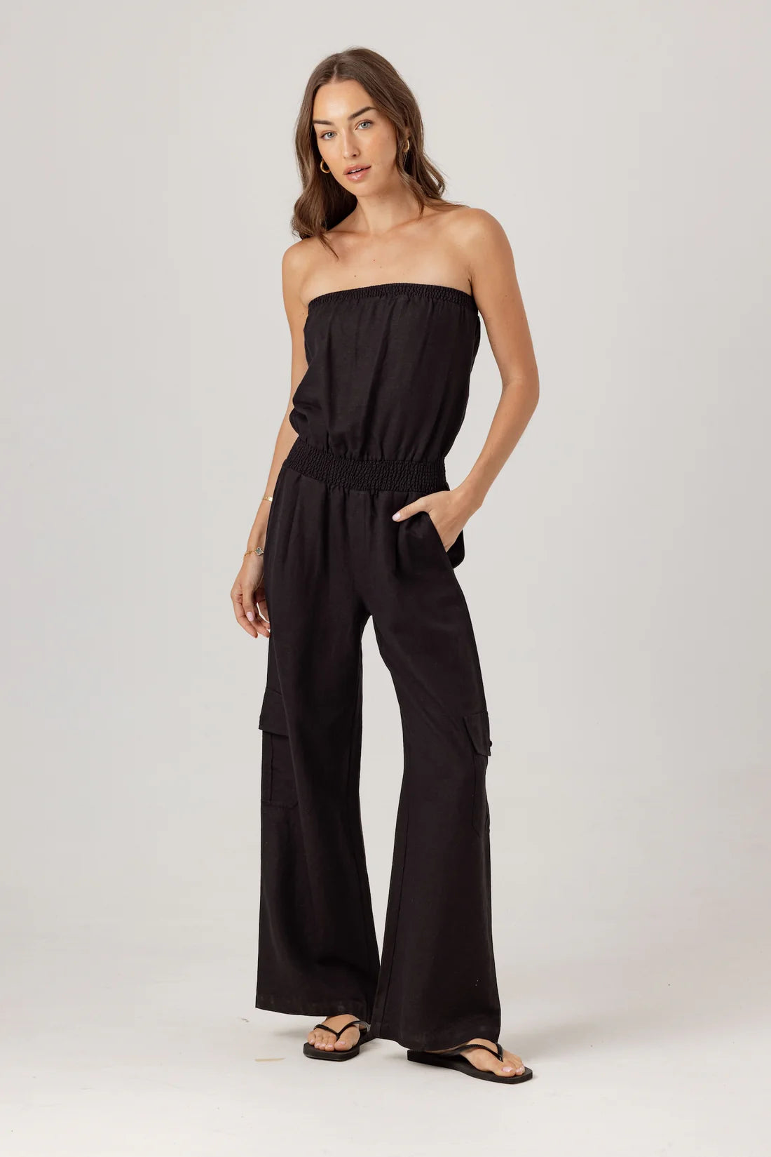 Sundays Amia Jumpsuit in linen blend with elastic chest and waist and full length relaxed silhouette