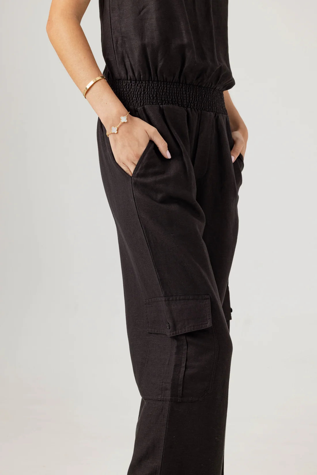 Sundays Amia Jumpsuit in linen blend with elastic chest and waist and full length relaxed silhouette