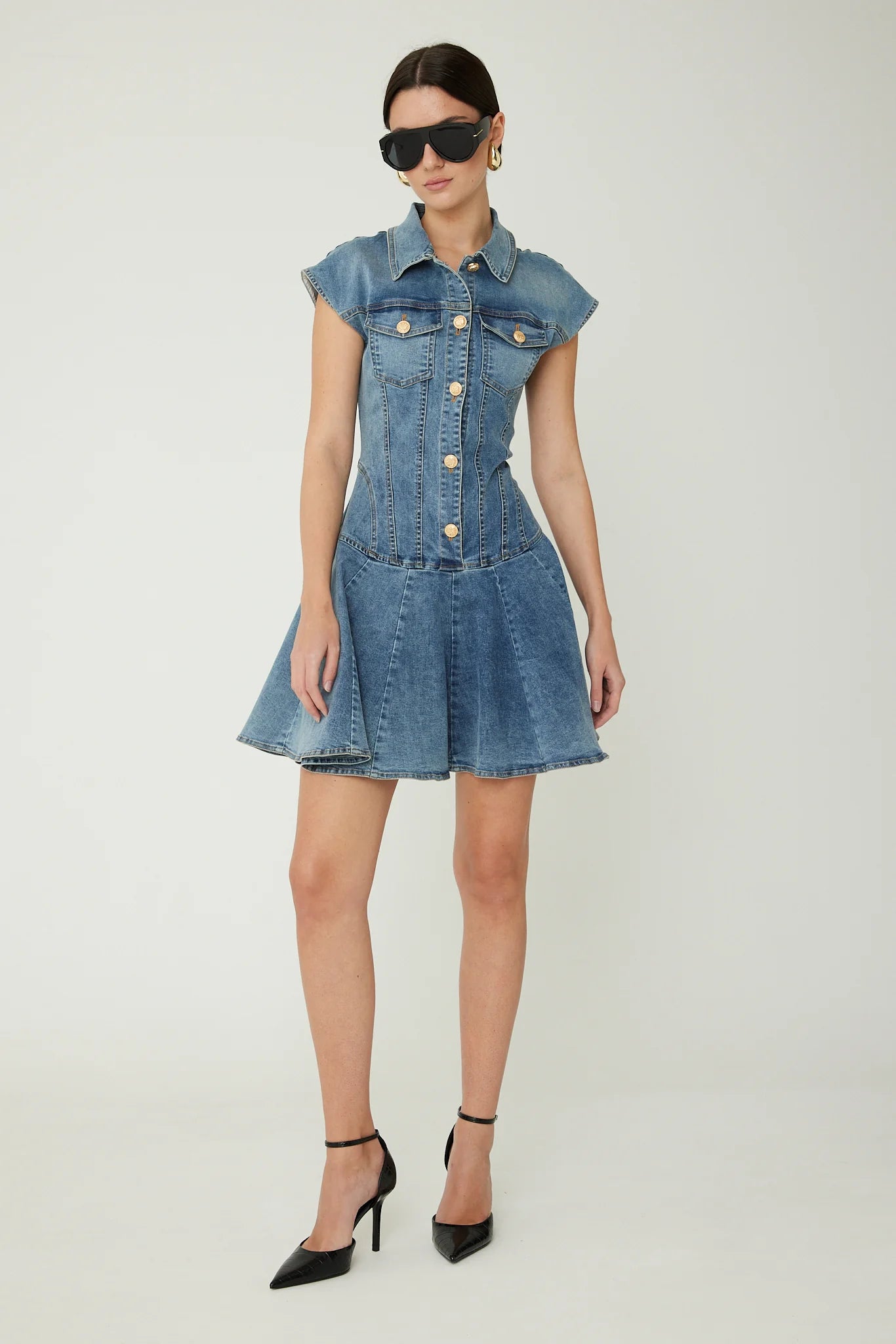 JS71 Tina medium wash stretch denim dress with gold hardware and fit and flare silhouette