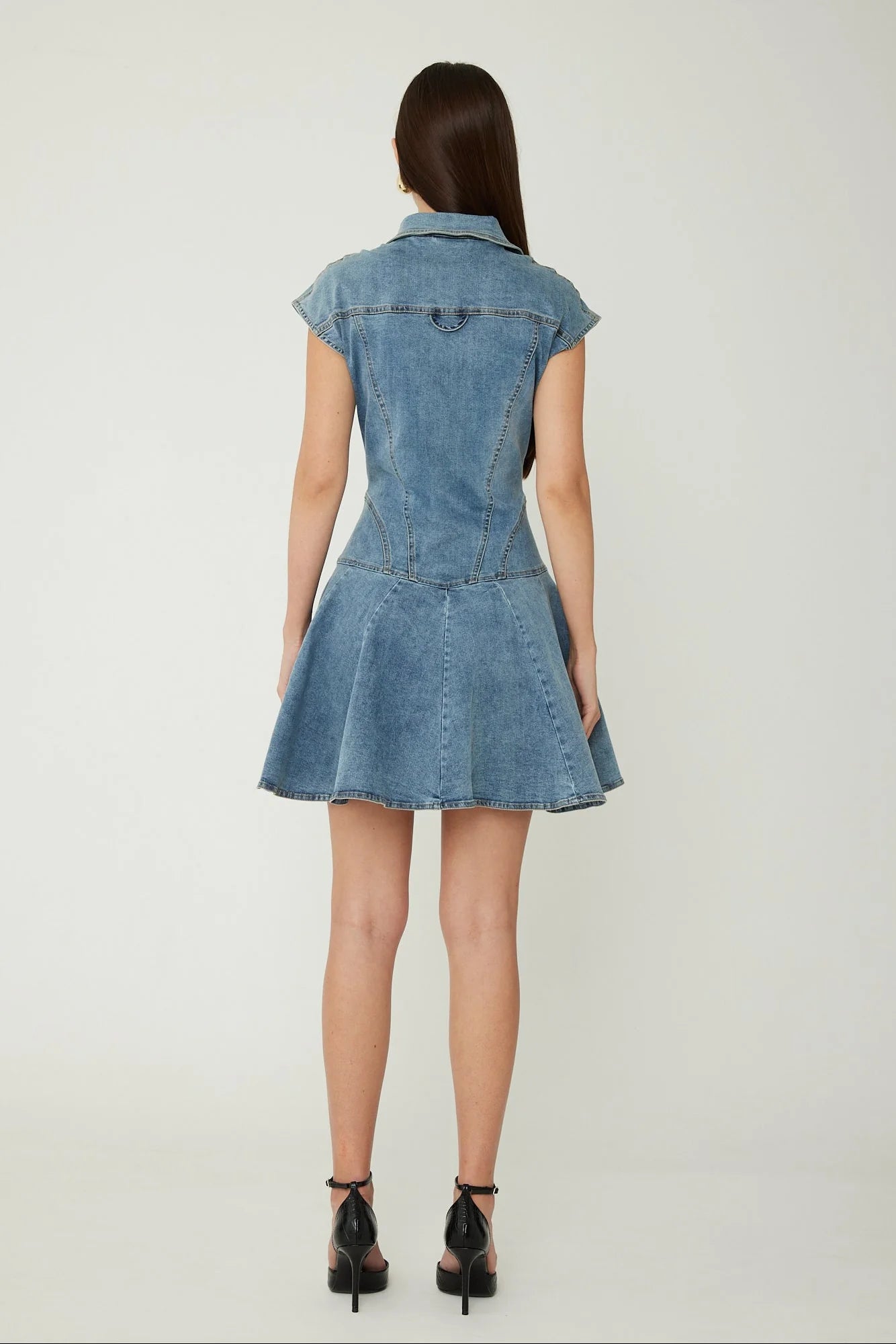 JS71 Tina medium wash stretch denim dress with gold hardware and fit and flare silhouette