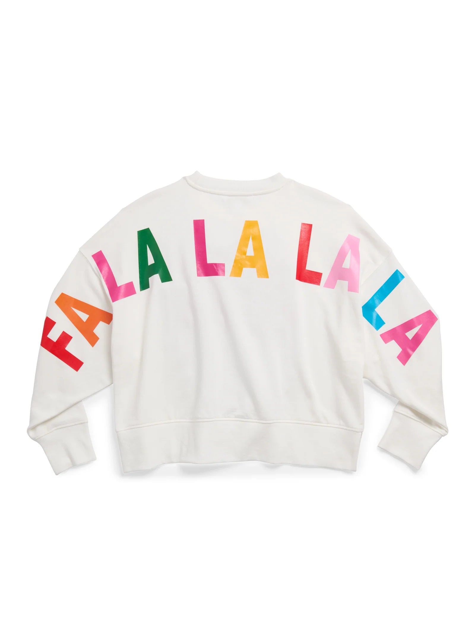 Tis the Season Fa La La relaxed ivory sweatshirt with red chenille lettering and rainbow sleeve print