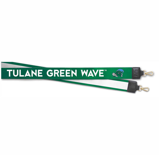 Tulane Green Wave Hailey purse strap with full color design brass hardware and vegan leather tabs
