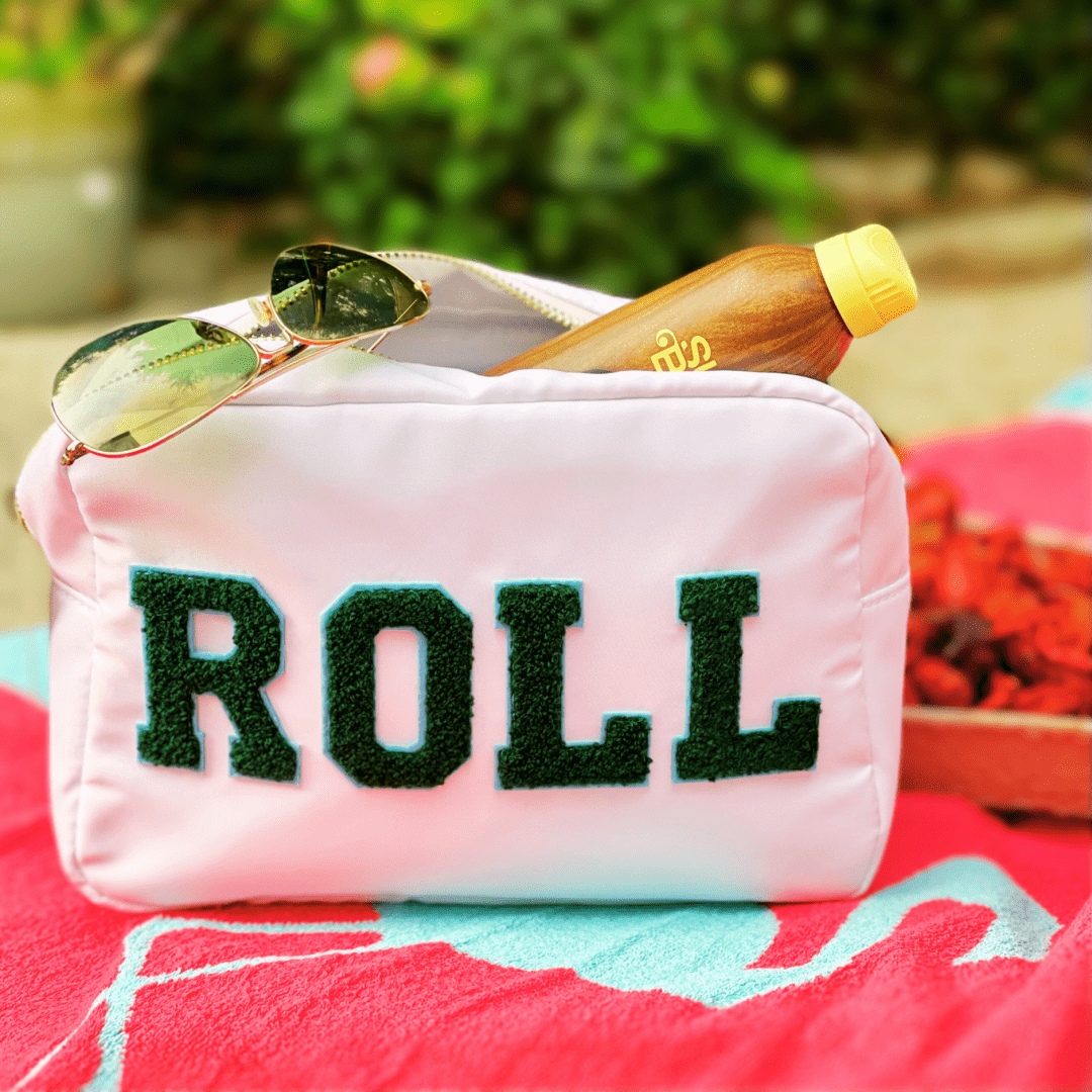 Tulane Roll Wave nylon travel pouch with chenille letters and gold hardware