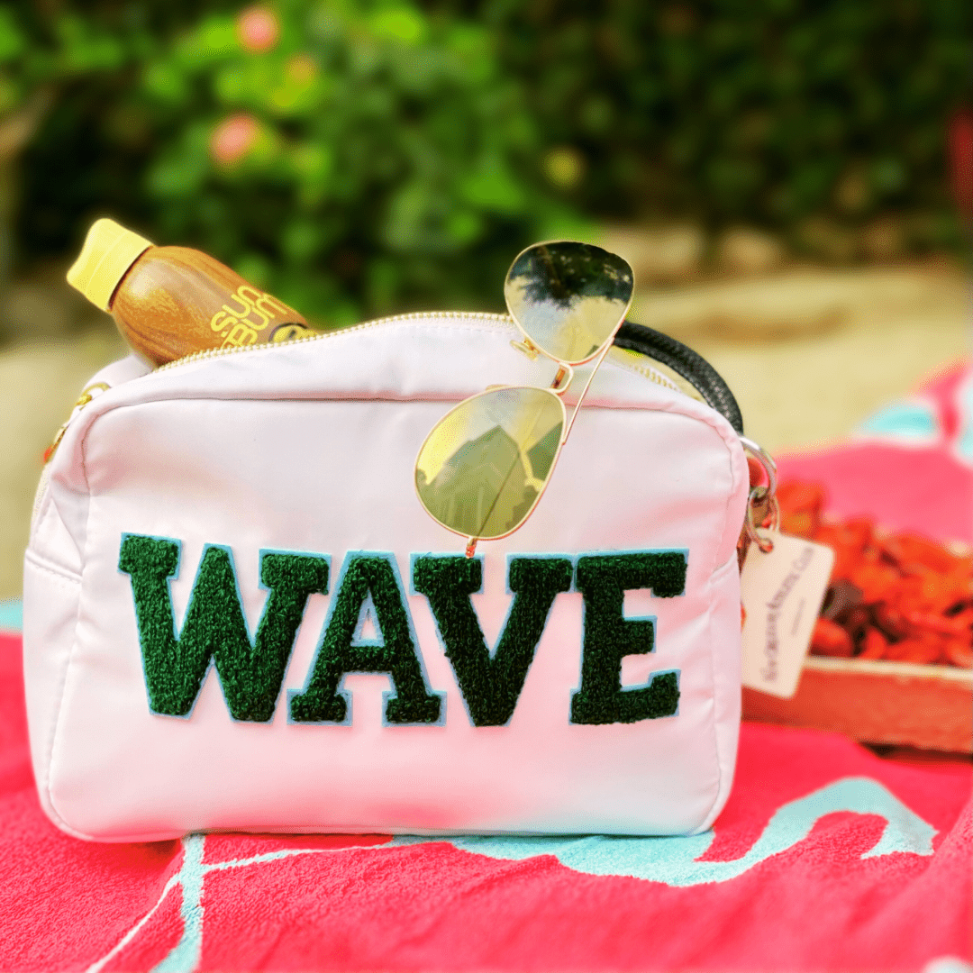 Tulane Roll Wave nylon travel pouch with chenille letters and gold hardware