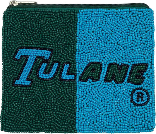 Tulane beaded pouch in school colors measuring 5.5 by 4.5 inches