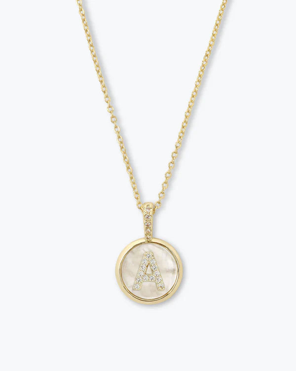 Melinda Maria Baby Love Letters Medallion Necklace with mother of pearl and pavé initial charm