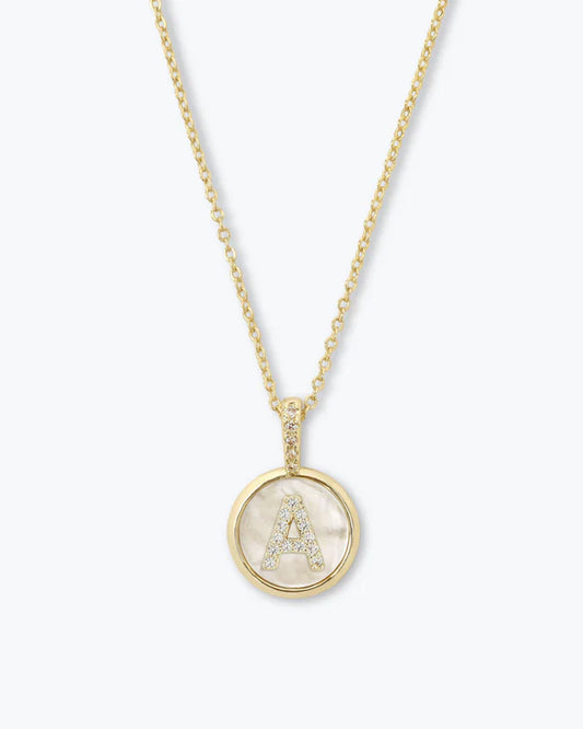 Melinda Maria Baby Love Letters Medallion Necklace with mother of pearl and pavé initial charm