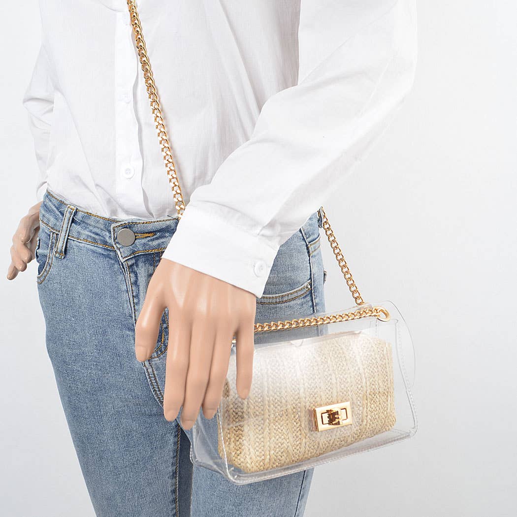Clear Crossbody Bag W/Raffia Pouch