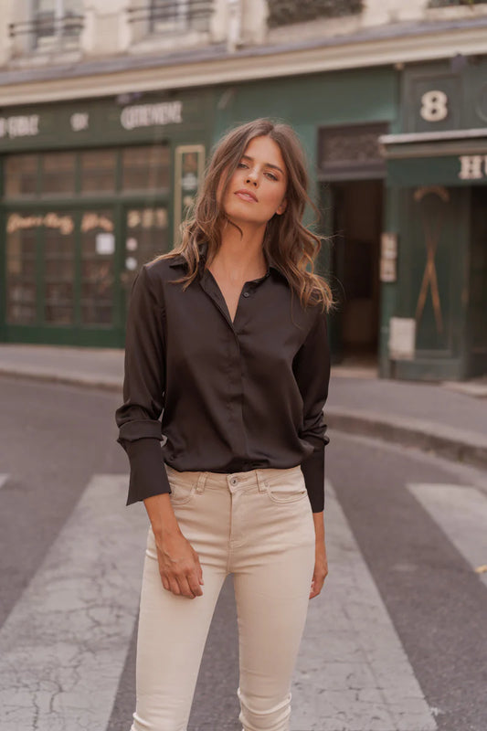Pajama Collar Satin Button Down | Chocolate
