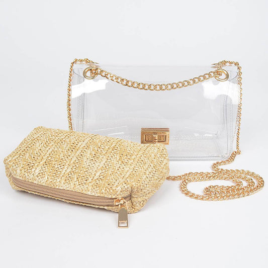 Clear Crossbody Bag W/Raffia Pouch